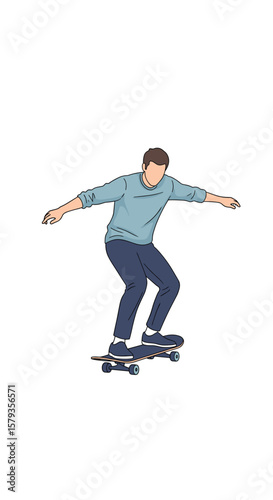 Young man energetically riding a skateboard performing a skillful trick on a white background