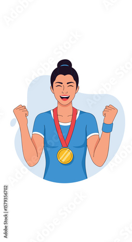 Athlete celebrates victory showing off gold medal achievement with arms raised