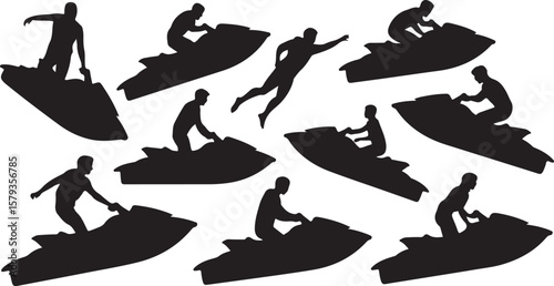 Jet Ski Silhouette Collection Action Water Sport Recreation Summer Fun Vector