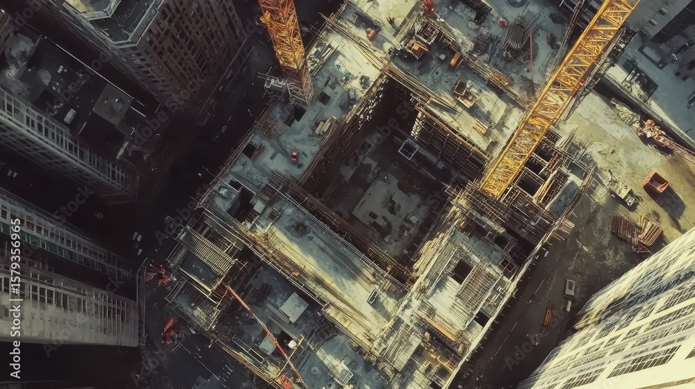 Aerial View of Urban Construction Site Surrounded by Skyscrapers Aerial View of Urban Construction Site Surrounded by Skyscrapers