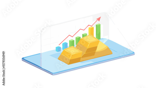 Gold investment strategy and financial growth analysis with bar chart and arrow indicating profit increase