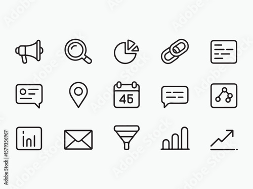 Digital Marketing Icons: A collection of minimalist line icons representing key aspects of digital marketing strategies, including SEO, social media, analytics, and email marketing.  