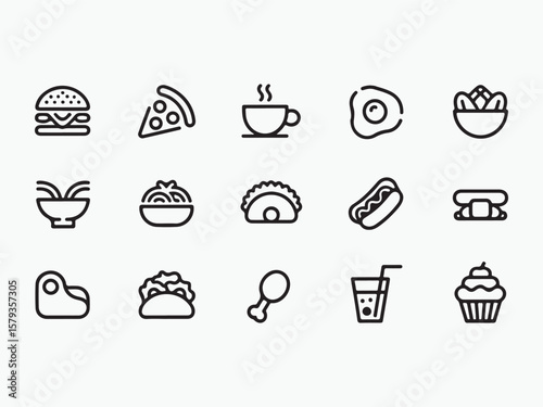 Culinary Assortment: An appetizing array of simple food icons, perfect for culinary design or illustrating menu elements. The set offers a clean, graphic approach to familiar and diverse food items.