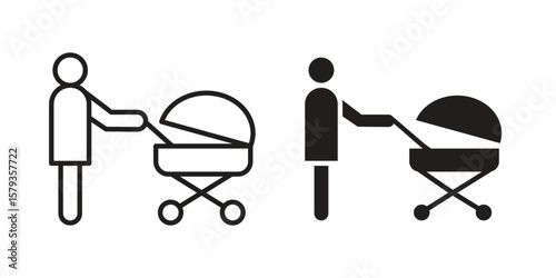 Woman with Baby Stroller icons in trendy linear style vector. Vector illustration