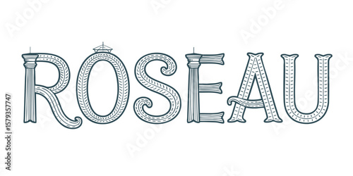 Roseau City Name Typography Illustration – Vintage Hand-Drawn Monochrome Lettering with Decorative Details on Transparent Background