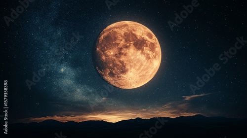 Full orange moon glowing in dark starry night sky


