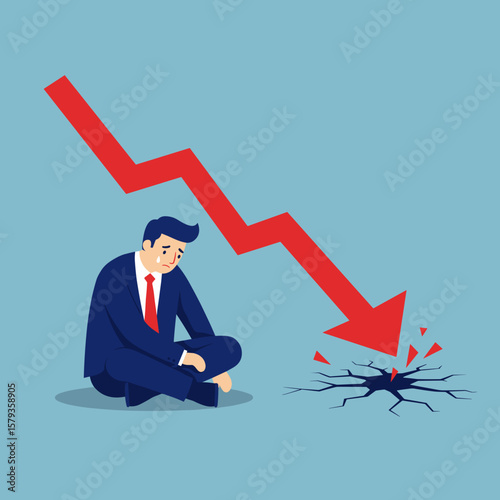 A disheartened businessman sits amidst a financial crisis symbolized by a plummeting red arrow shattering the ground, representing economic downturn and market crash.