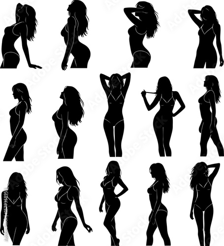 Collection of diverse female body silhouettes in swimwear poses isolated on transparent background