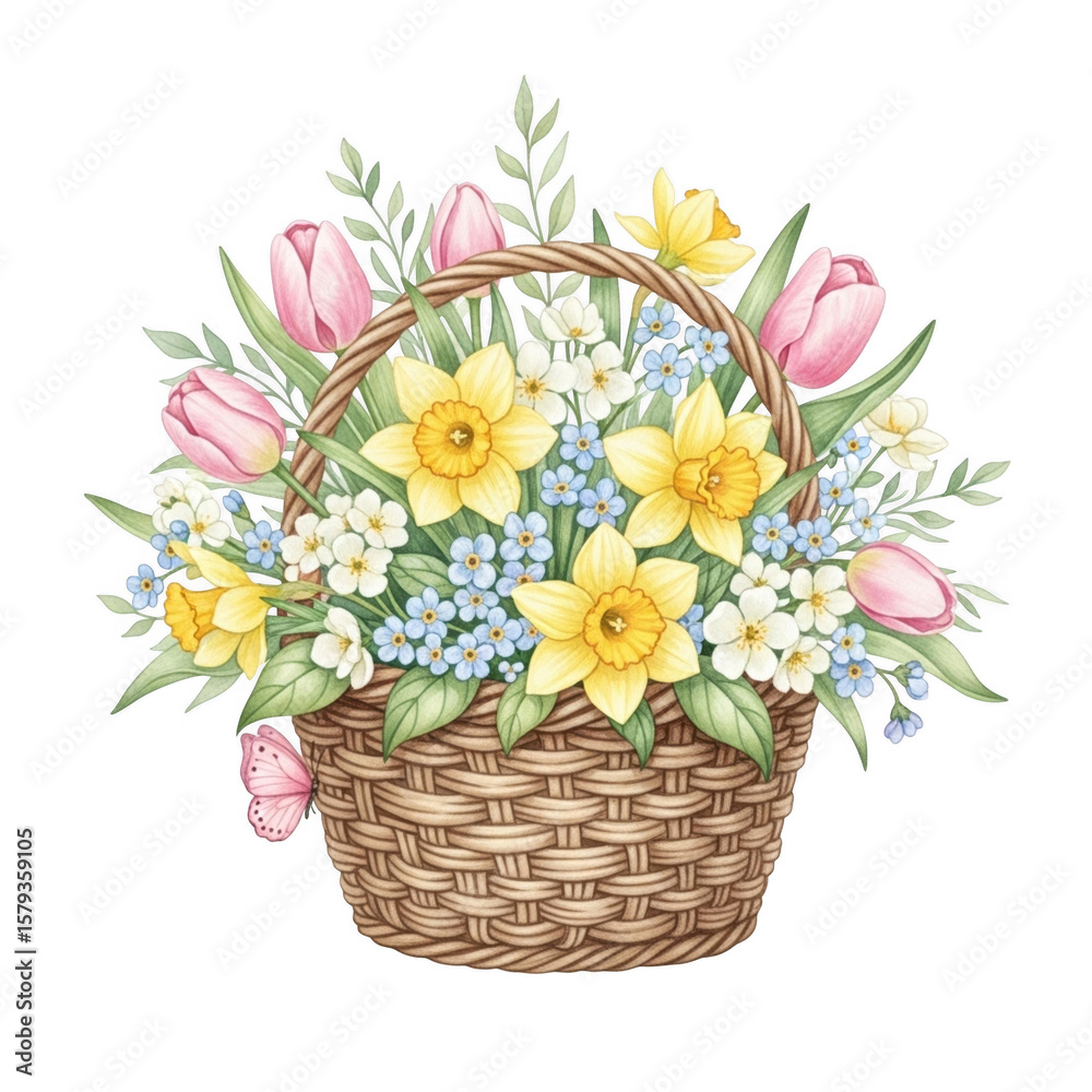 Obraz premium Basket filled with tulips daffodils and forget me nots isolated on transparent background