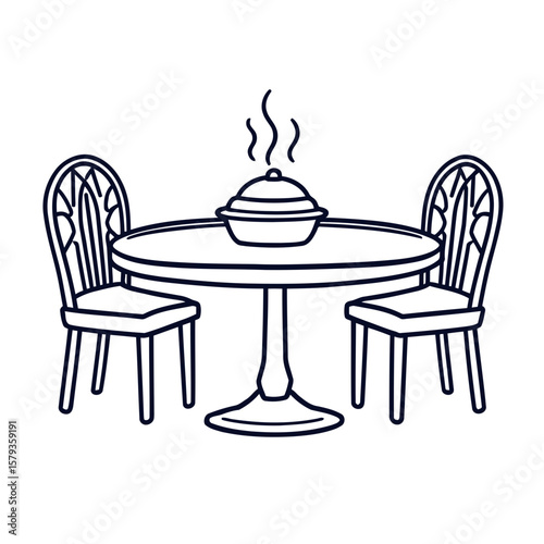 A stylish dining room interior with a set of kitchen utensils, various restaurant icons, and empty wooden chairs and tables