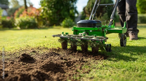 Professional lawn aerator machine in action removing soil plugs from a green grassy yard