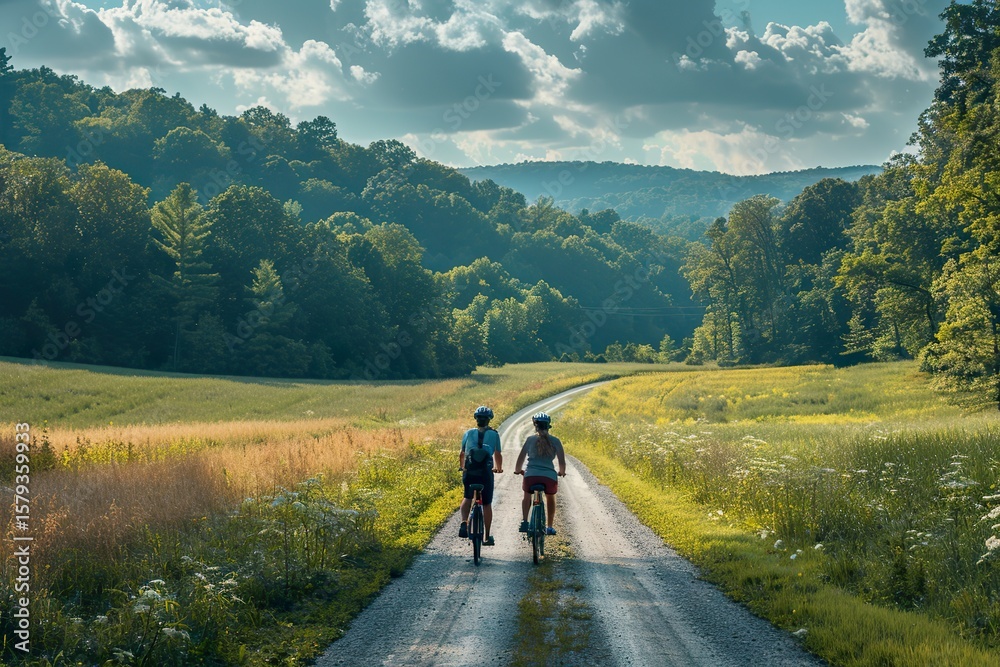 Obraz premium A couple riding bicycles down a scenic rural road surrounded by fields and trees, enjoying a summer day