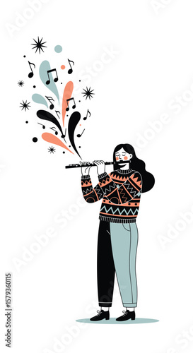 Young person plays flute enjoying melodious music and creative expression