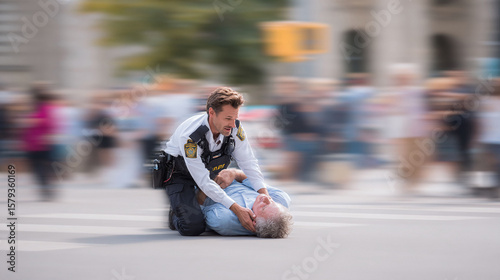 A uniformed officer assists an injured man in a public square. Represents safety, protection, emergency response. Good for healthcare, safety, social issues.