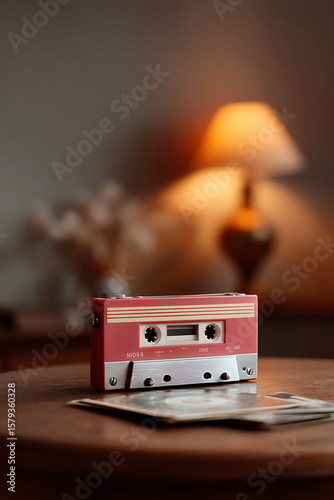 Retro vibes A pink cassette tape sits on a wooden table, illuminated by a warm lamp. Evokes nostalgia, memories, and music. Ideal for articles, blogs, and social media.