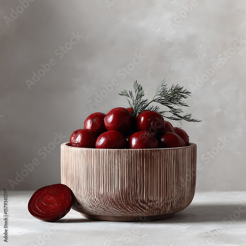 Earthy still life featuring vibrant, peeled beets in a textured wooden bowl with fresh dill. Perfect for healthy eating, vegetarian recipes, and wellness concepts.