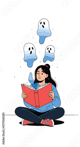 Young woman reading ghost stories imagines spooky characters appearing above her head