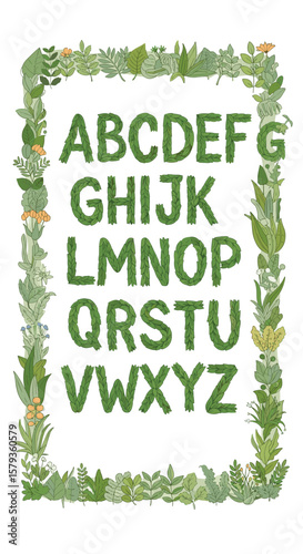 Alphabet border made of green leaves and flowers a complete set of natural letters