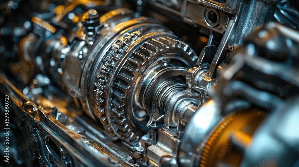 Fototapeta premium A detailed macro shot of a car gearbox with exposed metal components interlocking gears and a faint oil shee