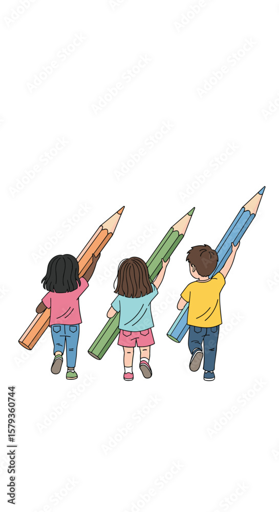 Fototapeta premium Children carrying large colorful pencils symbolizing creativity and education for young minds