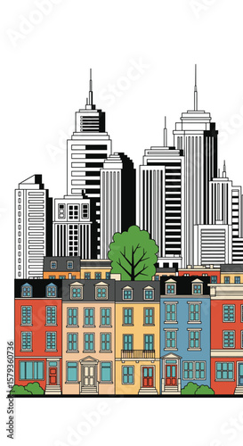 Vibrant colorful row houses with modern cityscape silhouette backdrop
