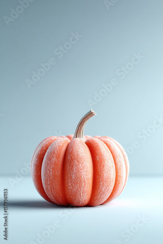 Minimalist autumn vibe. A single orange pumpkin with a snowy texture on a soft blue background. Suitable for seasonal designs, fall themes or festive backdrops.