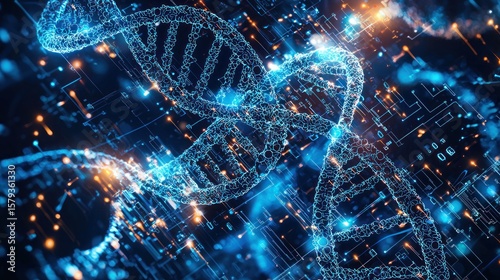 A conceptual illustration of human genes intertwined with circuitry symbolizing genetic engineering and artificial intelligence