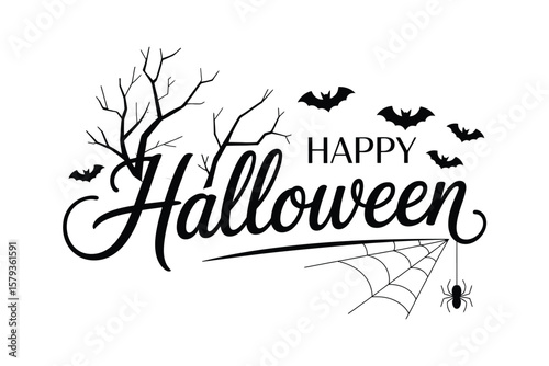 Happy Halloween Calligraphy Design Including Spider Web and Bats Elements Great for Festive Posters, Holiday Invitations, Digital Banners, Greeting Cards, and Backgrounds

