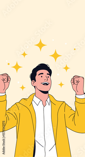 Excitedly celebrating triumph and joyful success with gleeful expression and uplifted spirits