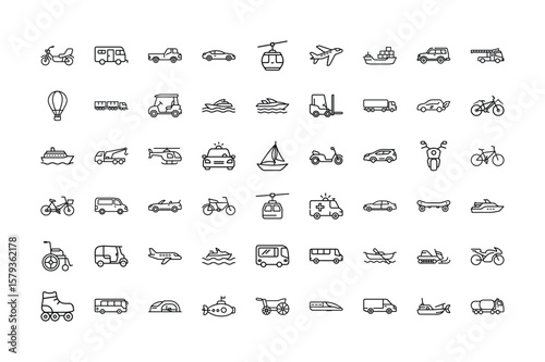 Transportation Icons Set Collection of Various Vehicles in Outline Style
