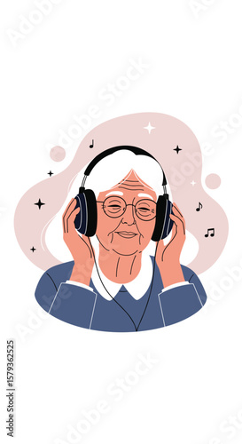 Elderly woman enjoying music through headphones and relaxing with melodies