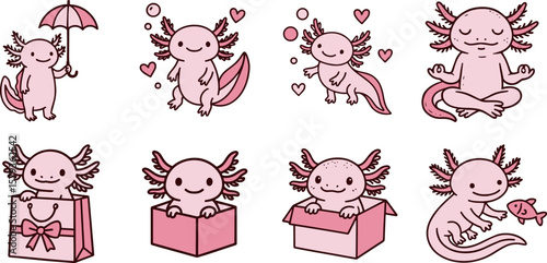 Kawaii Axolotl Cartoon Set | Gift, Meditation, and Love Themed Characters