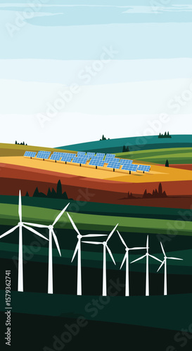 Vast farmland under a bright sky features rows of wind turbines and solar panels powering a greener future