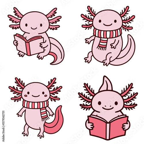 Kawaii Axolotl Cartoon Set | Cute Animal Reading Book and Wearing Winter Scarf