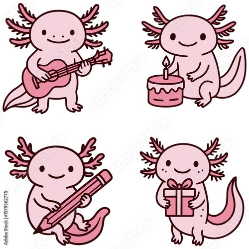 Kawaii Axolotl Cartoon Set | Birthday, Music, Art, and Celebration Themed Characters