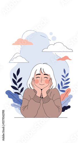 A woman with short hair smiling with her hands on her cheeks surrounded by blue and pink leaves and clouds