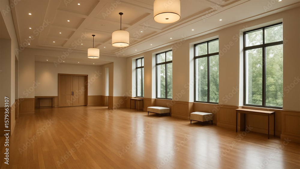 Obraz premium Bright, airy event space with hardwood floors and large windows.
