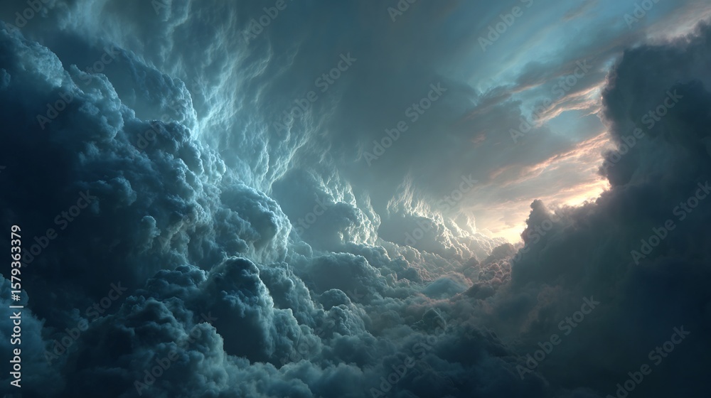 Fototapeta premium Dramatic Sky with Towering Clouds and a Glimmer of Sunlight Breaking Through the Dark Horizon