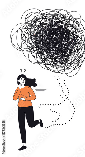 Woman experiencing confusion and mental chaos depicted with tangled thoughts