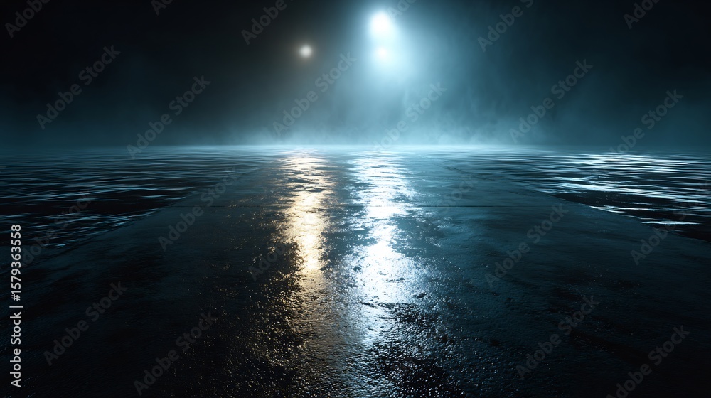 Mysterious night landscape with water reflections and ethereal light source providing an eerie and Mysterious night landscape with water reflections and ethereal light source providing an eerie and