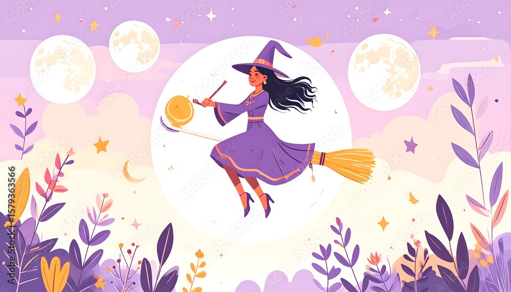 Fototapeta premium A lone witch soars on her broom across a giant glowing full moon, her silhouette framed by stars in a dreamy purple sky—minimalist vector art with spooky, whimsical Halloween vibes.