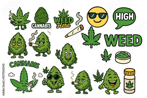 Funny Cannabis Weed Stickers Collection – Cartoon Buds, Leaves, and Joints