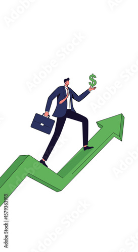 Man in suit walking upward arrow holding dollar symbol business growth concept success financial progress opportunity