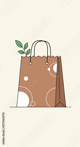 An illustrated paper shopping bag with a sprig of green leaves emerging from the top providing an eco-friendly visual representation of retail and commerce