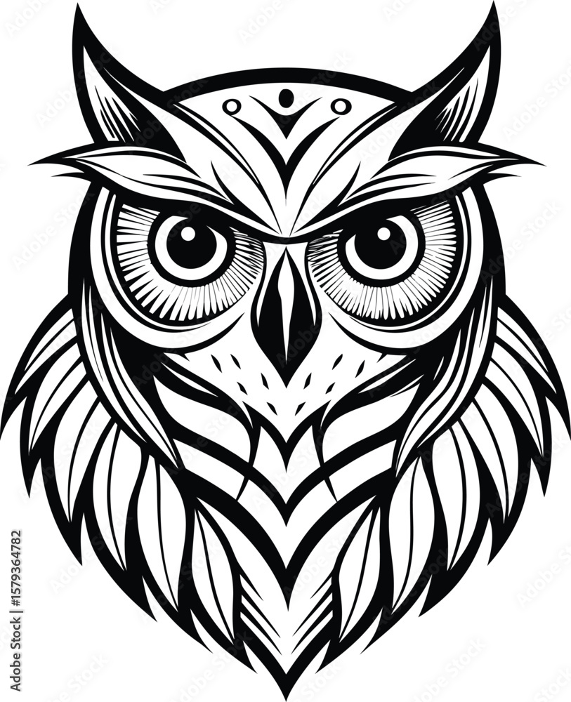 Fototapeta premium Majestic Ornate Owl Head, Black and White Tribal Design, Wildlife Art, Vector Illustration