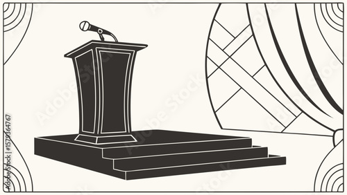 Podium stage with microphone for public speaking event conference presentation and decorative background design
