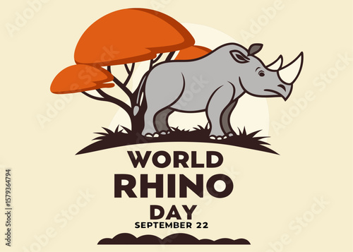 Cartoon Rhino with Trees for World Rhino Day on September 22nd Celebration