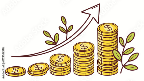 Investment growth chart with coins and arrow showing financial success and increasing profits concept