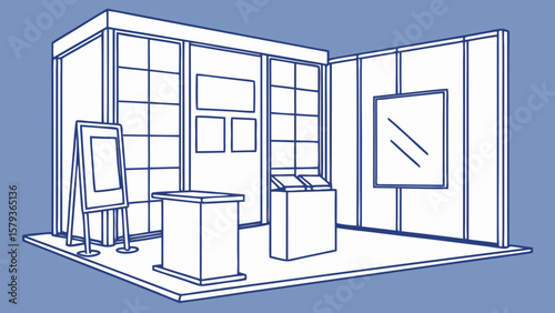 Trade show booth exhibition stand design for marketing event promotion and product display vector illustration