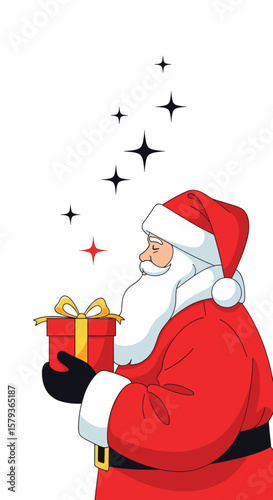 Santa claus holding a red gift box with gold ribbon and stars sparkling above him